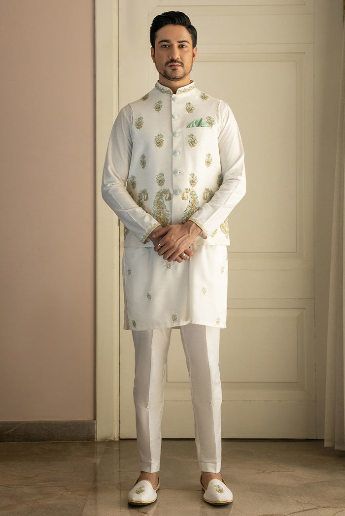 Ivory Raw Silk Waistcoat & Kurta with Copper Embroidery – JKT1332
