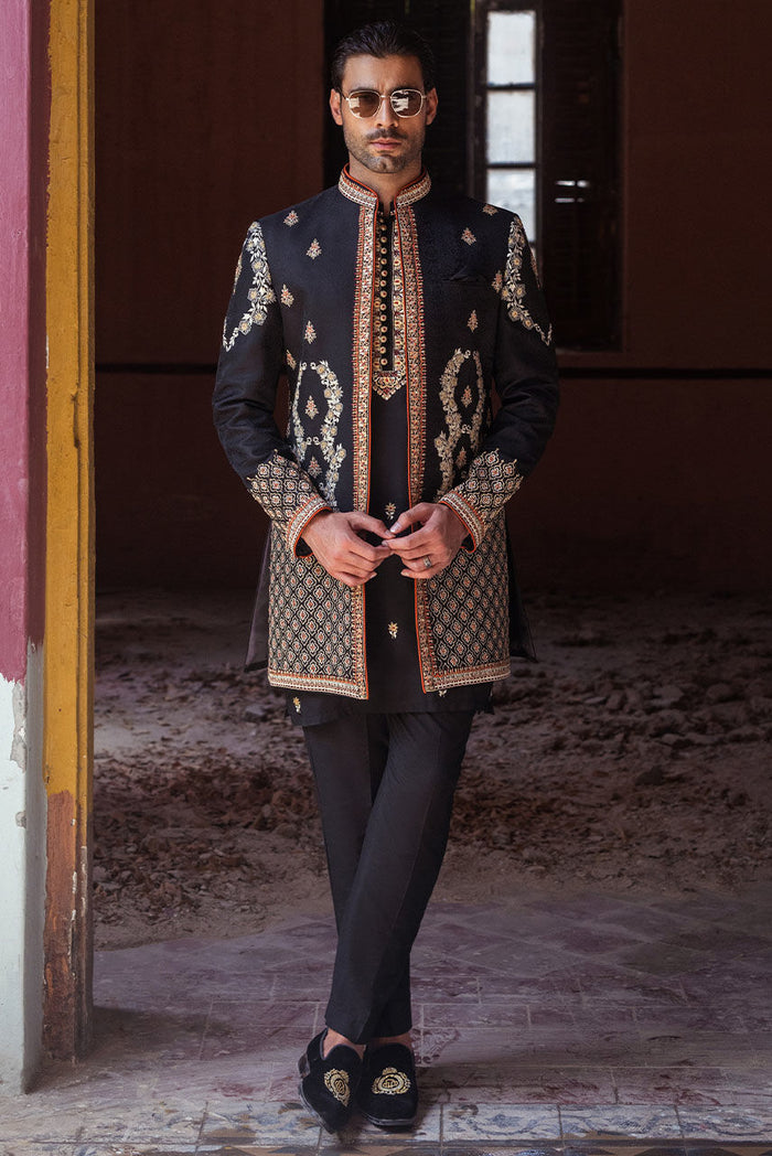 Black Raw Silk Embroidered Jacket & Kurta Pajama – JKT1441