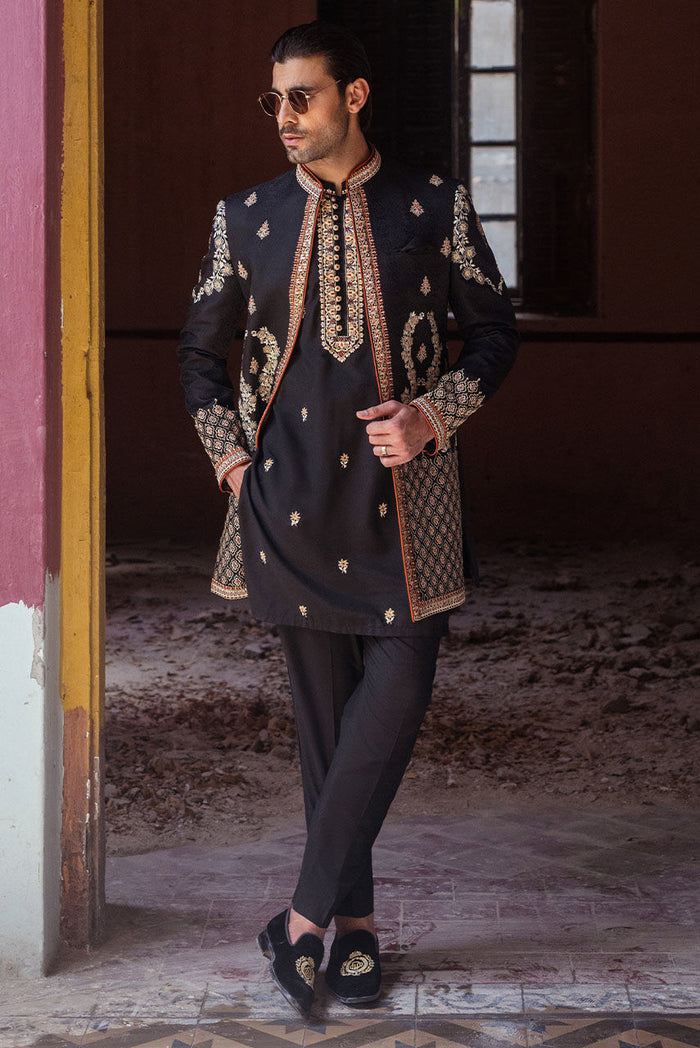 Black Raw Silk Embroidered Jacket & Kurta Pajama – JKT1441