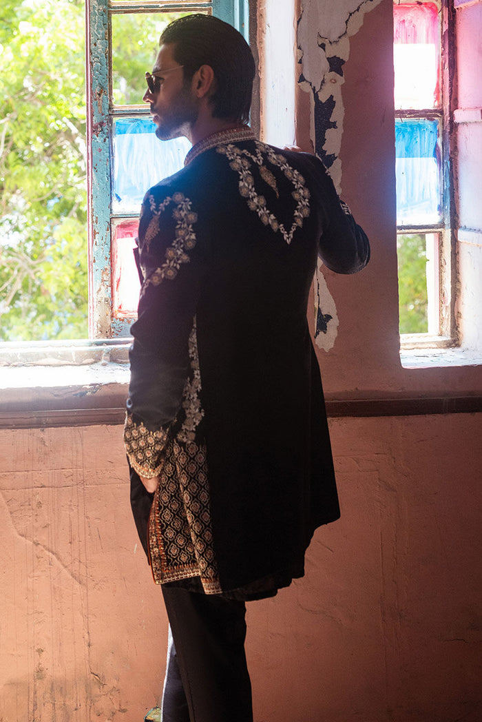 Black Raw Silk Embroidered Jacket & Kurta Pajama – JKT1441