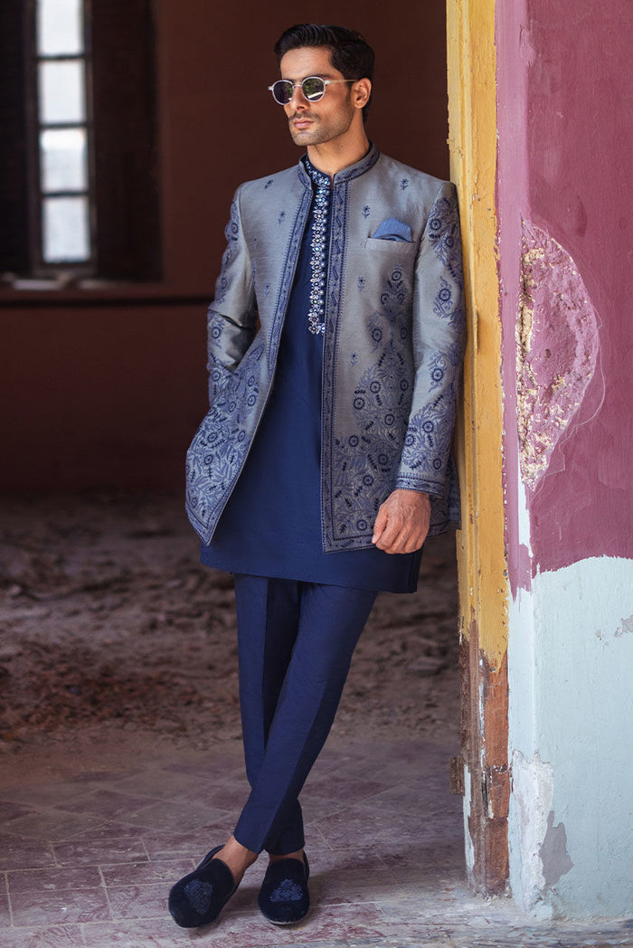 Silver Grey Raw Silk Jacket & Blue Kurta Pajama – JKT1442
