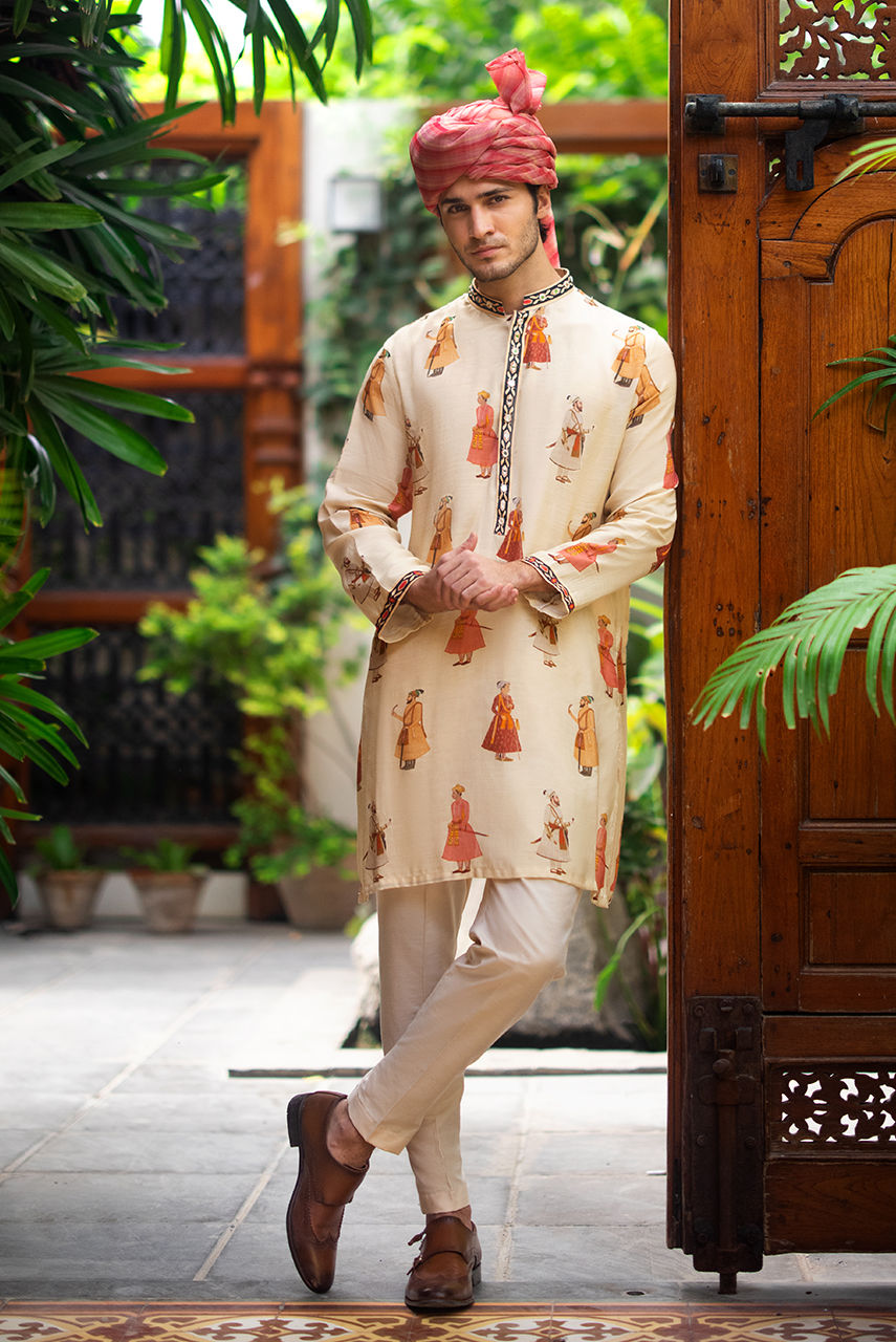 Off White Printed Maharaja Kurta Pajama – KUR1379