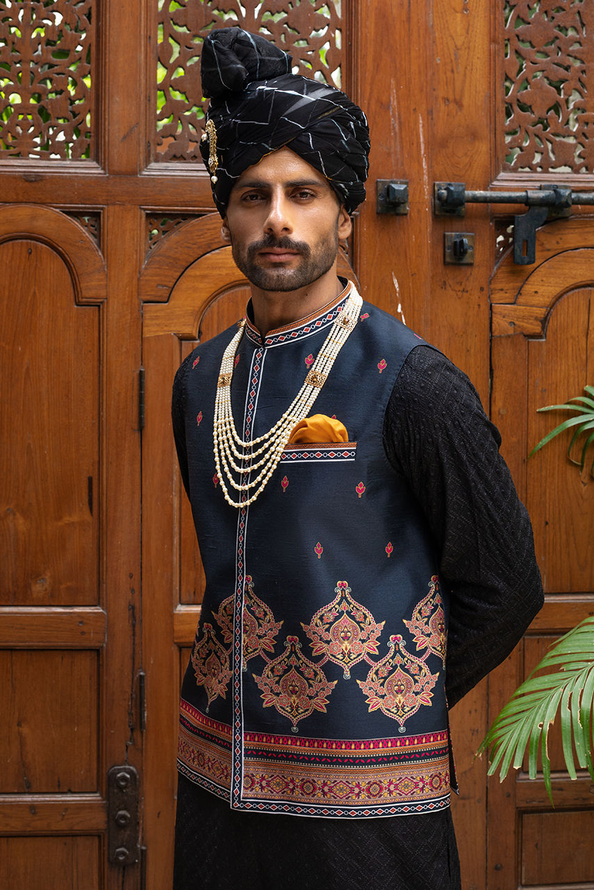 Black Chikan Kurta Pajama with Printed Waistcoat – JKT1463