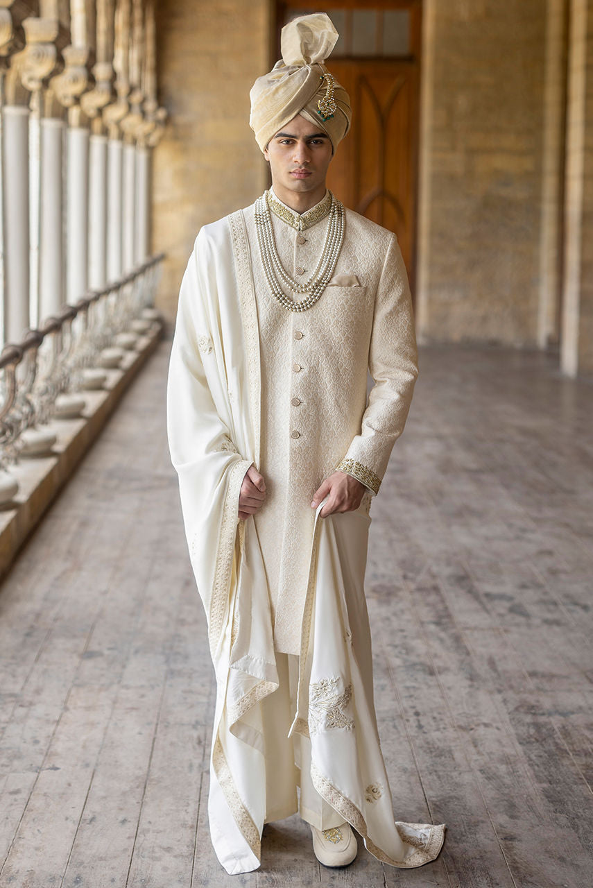 Haider – Ivory Sherwani Set with Raw Silk Shawl