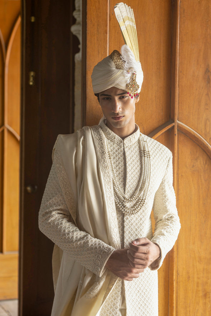 Pearl Symphony – Ivory Hand-Embroidered Sherwani Set