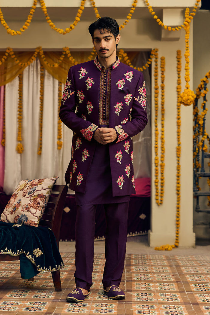 Gul-e-Rana – Purple Raw Silk Jacket & Kurta Pajama