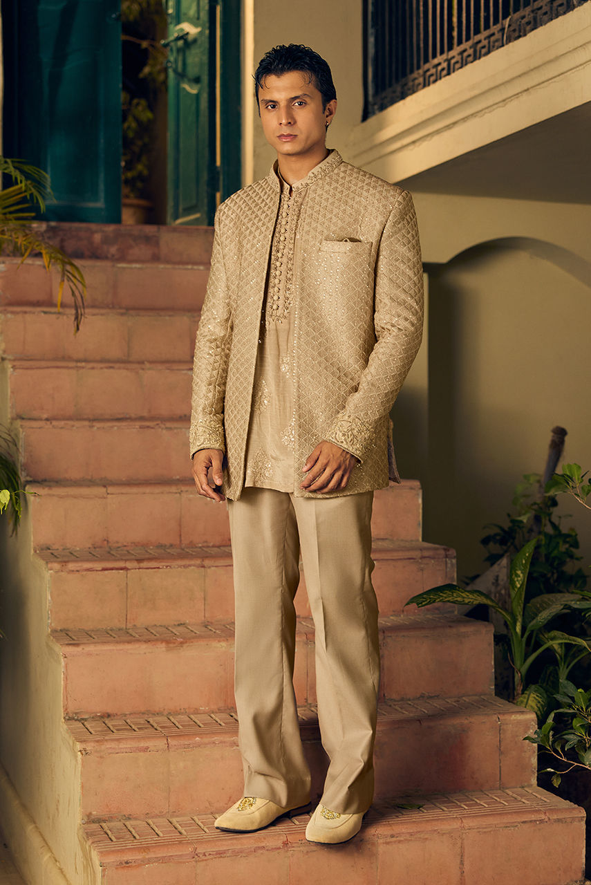 Light Gold Nehru Jacket & Raw Silk Kurta Set – MST815