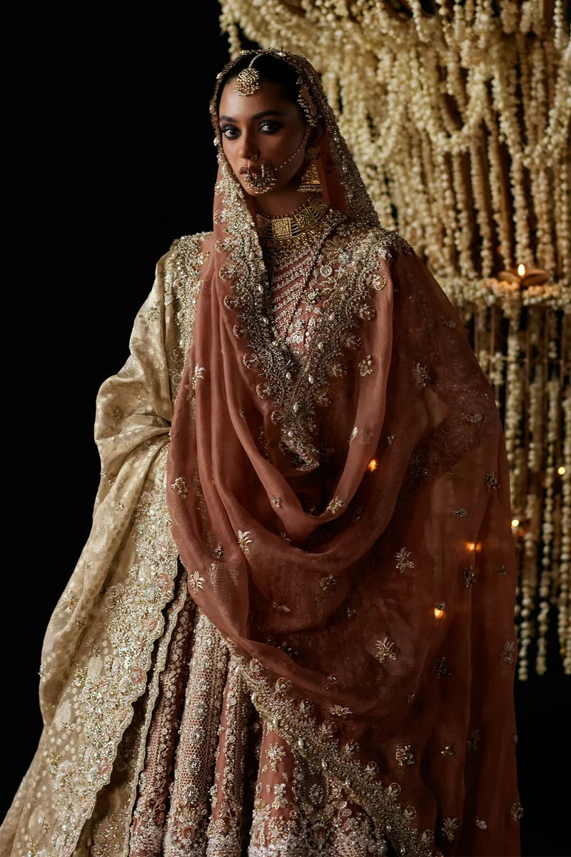 Zyva Chandni Bridal ’26 – Peach-Rust Pishwas with Zardozi | Saad Bin Shahzad