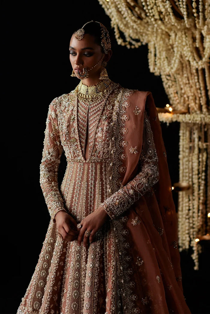 Zyva Chandni Bridal ’26 – Peach-Rust Pishwas with Zardozi | Saad Bin Shahzad