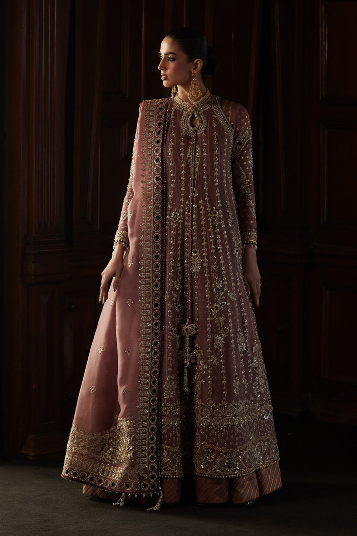 Rosalie: Rosewood Kaalidar with Zaari Silk Pishwas, Sharara & Embroidered Dupatta | Saad Bin Shahzad