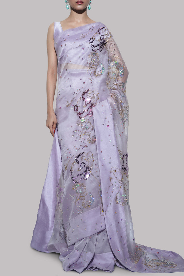 Pastel Lilac Embellished Organza Sari