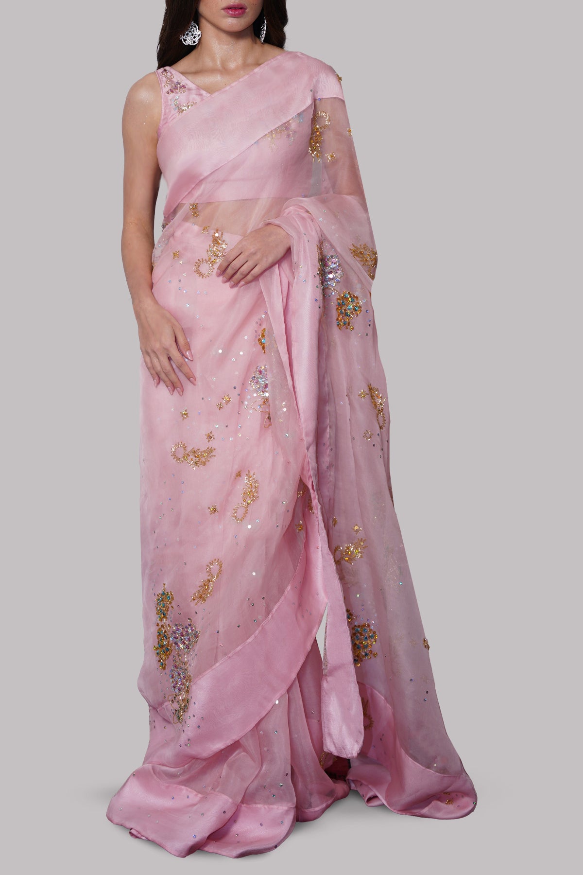 Sea Pink Embellished Organza Sari