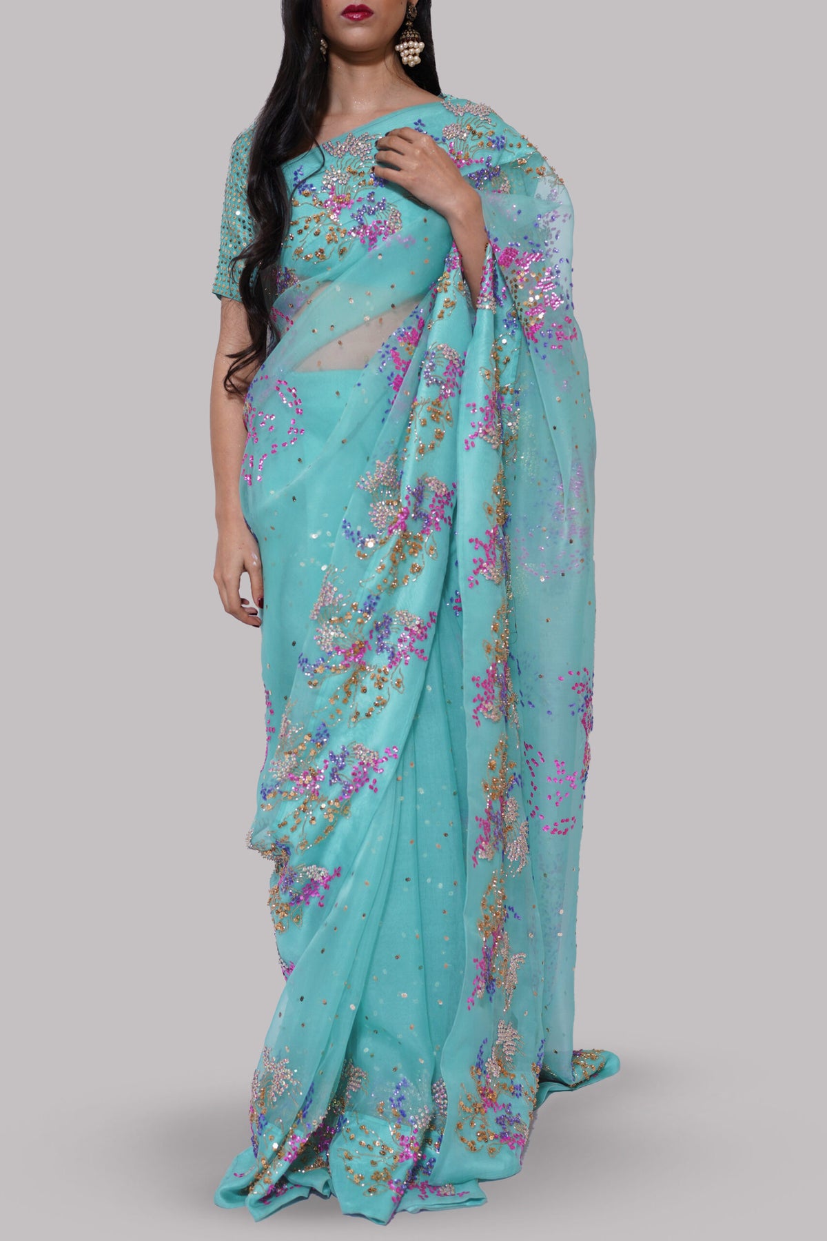 Leisure Time Cyan Embellished Organza Sari