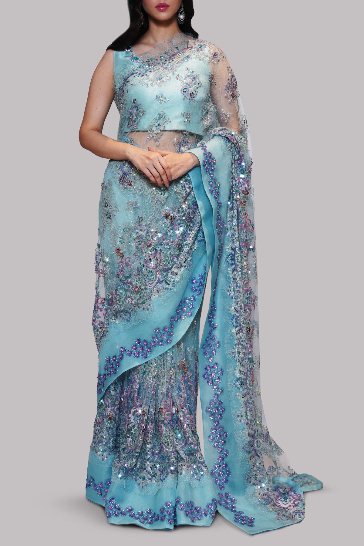 Cabana Blue Embellished Chantilly Lace Sari