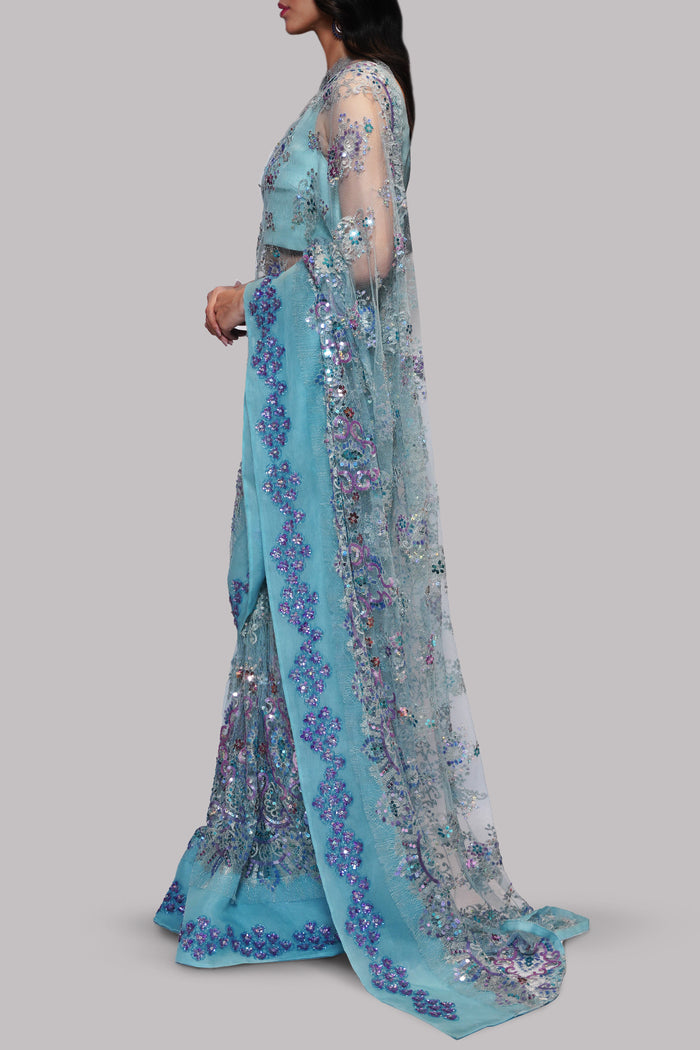 Cabana Blue Embellished Chantilly Lace Sari
