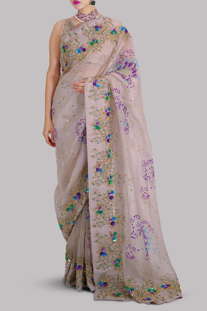 Silver Grey Embellished Organza Sari
