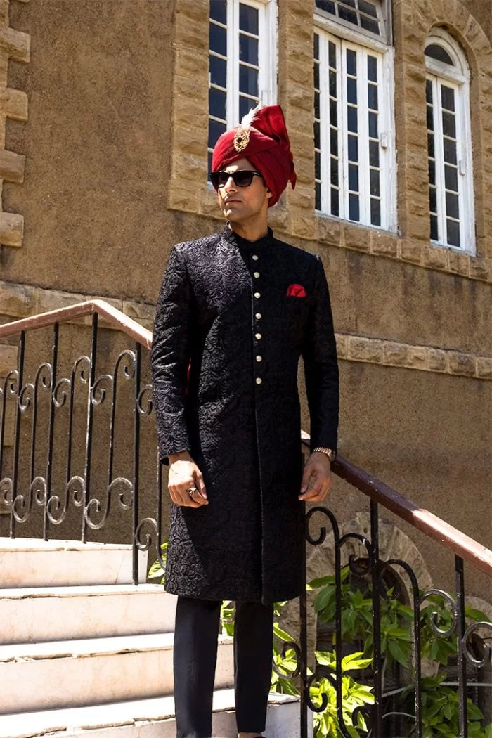 Black Embossed Sherwani