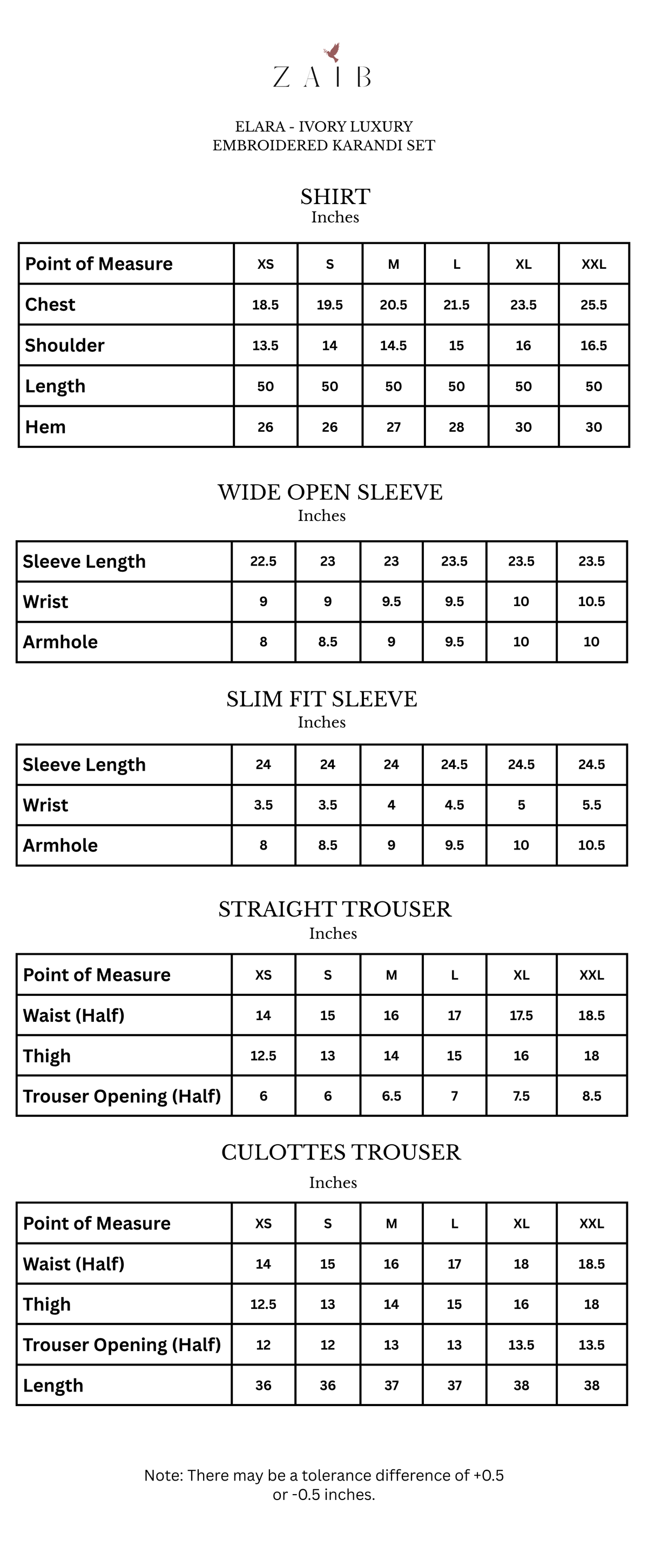 Elara size chart
