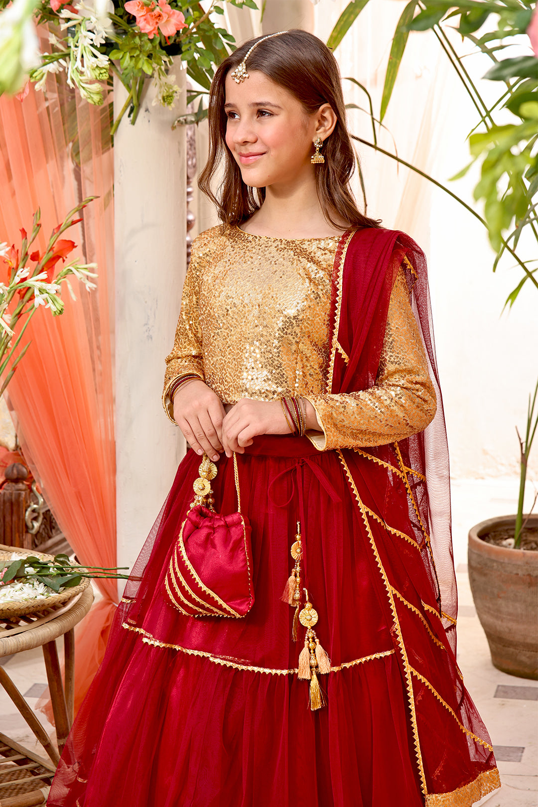 Sequins & Net Lehenga Choli — Red Gold Net