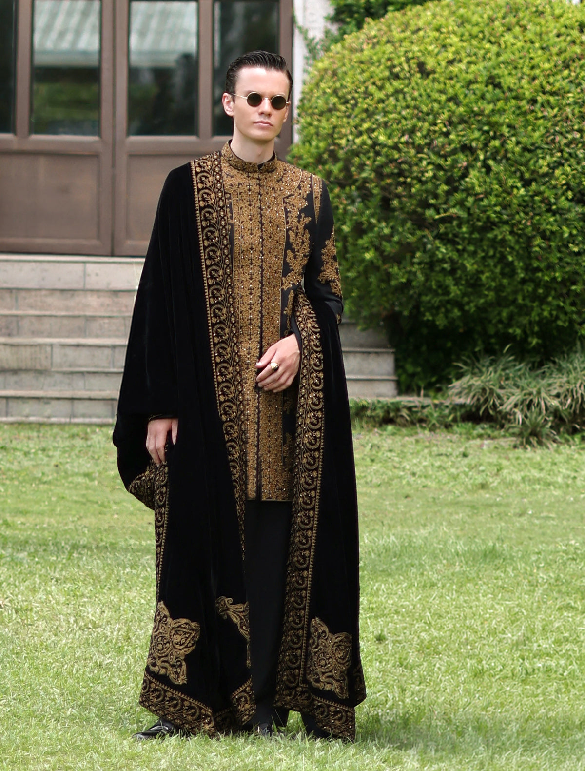 Black Hand Embroidered Short Length Sherwani