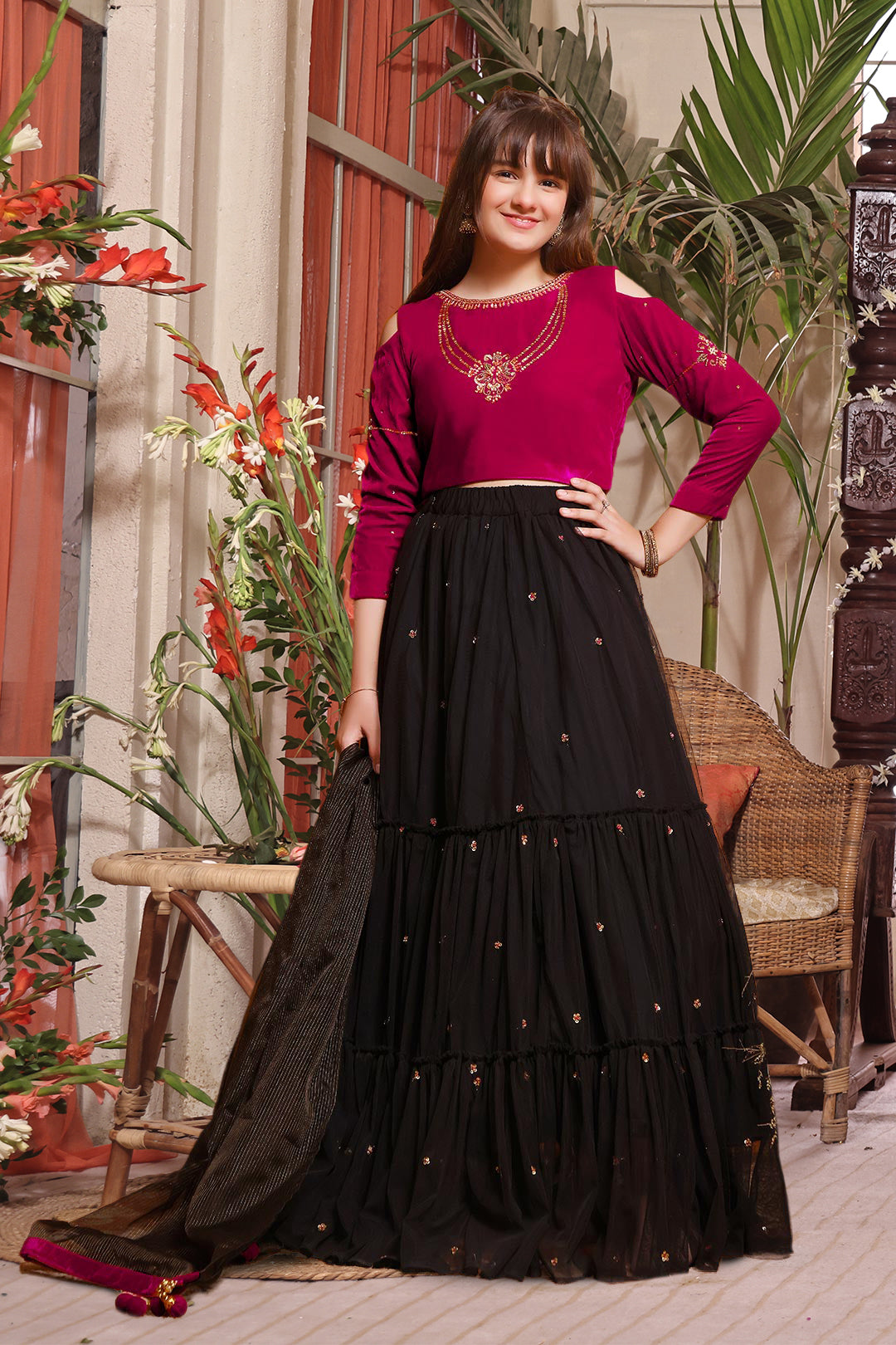 Embroidered Velvet Net Lehenga Choli — Magenta Black Velvet
