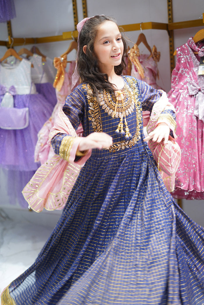 Navy Blue & Tea Pink Hand-Embellished Zari Check Maxi Set