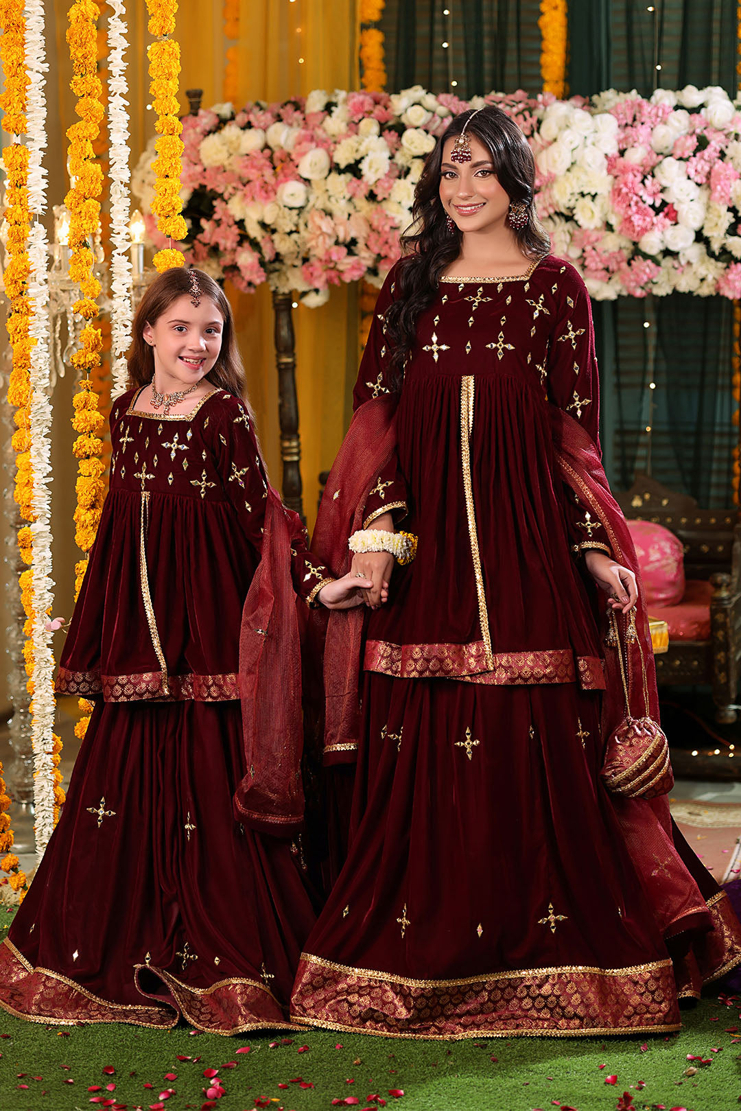 Mirror Embroidered Peplum Style Velvet Lehenga