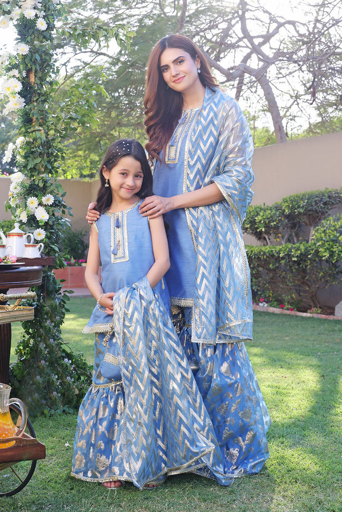 Powder Blue & Gold Chevron Festive Gharara Set