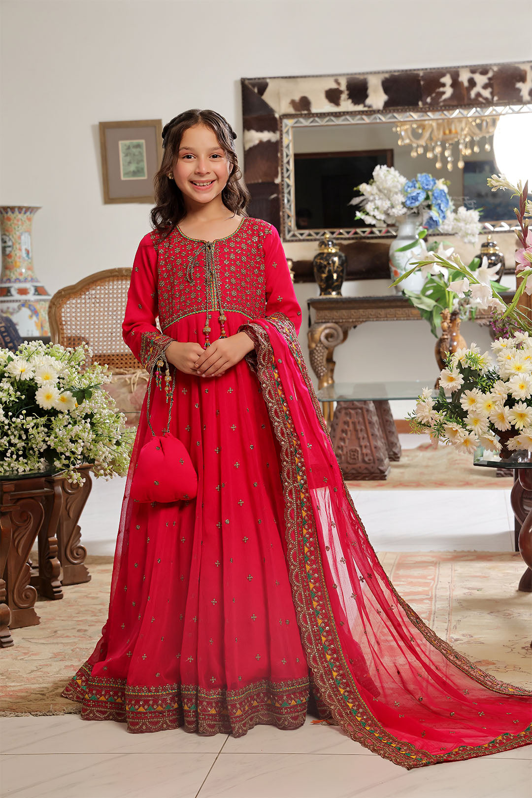 Crimson Blossom Heavily Embroidered Festive Maxi Gown
