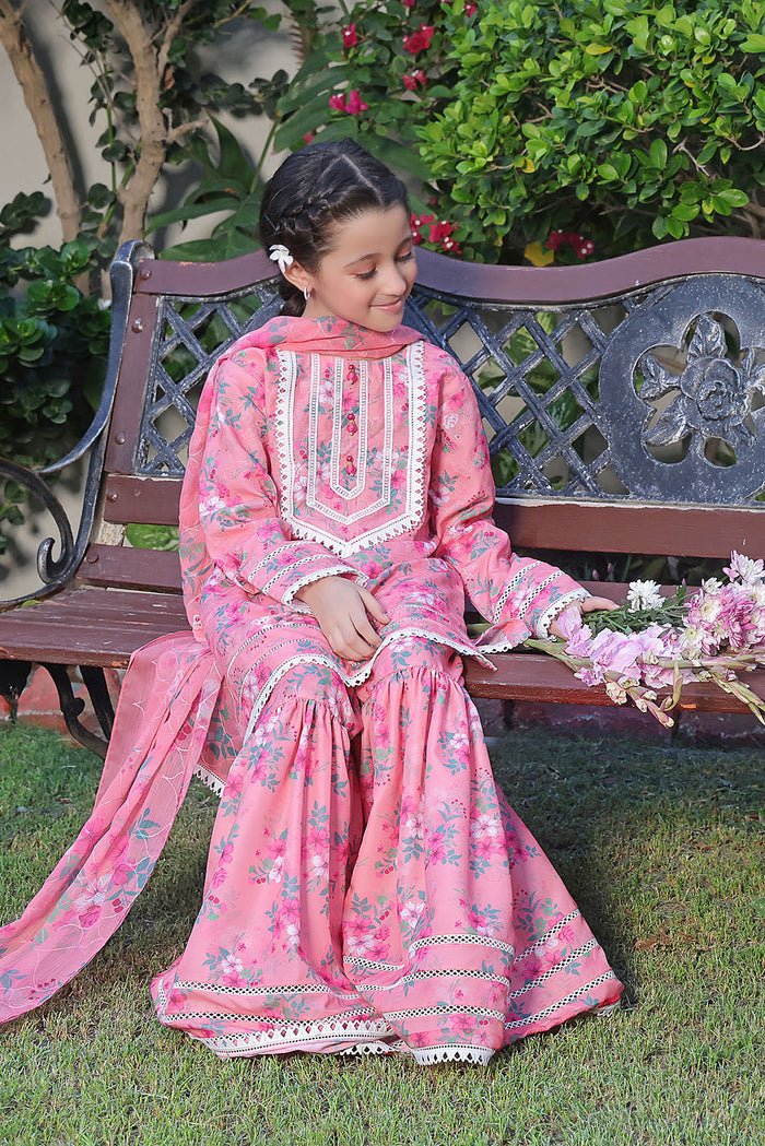 Floral Printed Lawn Chicken Kari 3pc Suit — Coral Pink