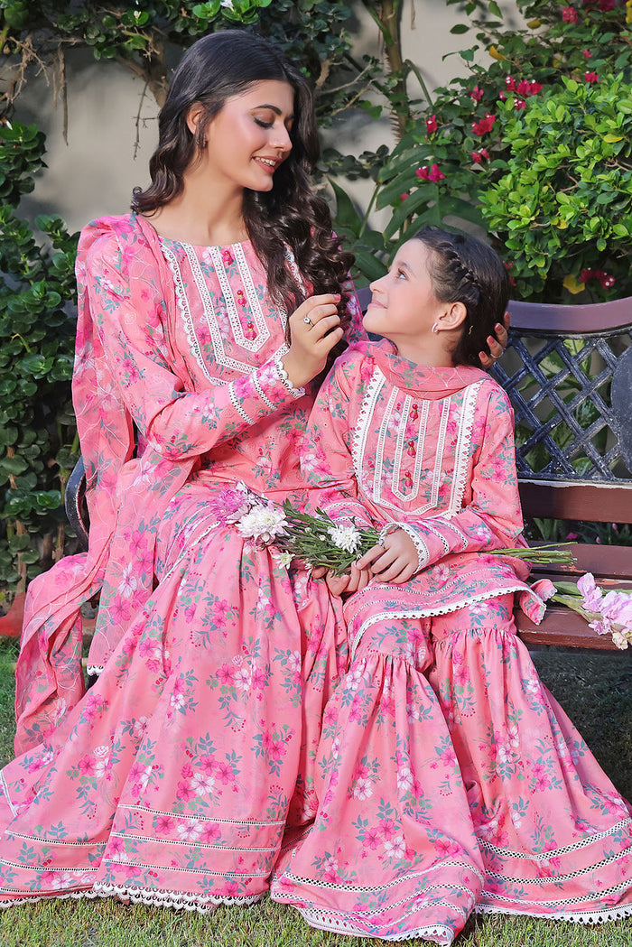 Floral Printed Lawn Chicken Kari 3pc Suit — Coral Pink