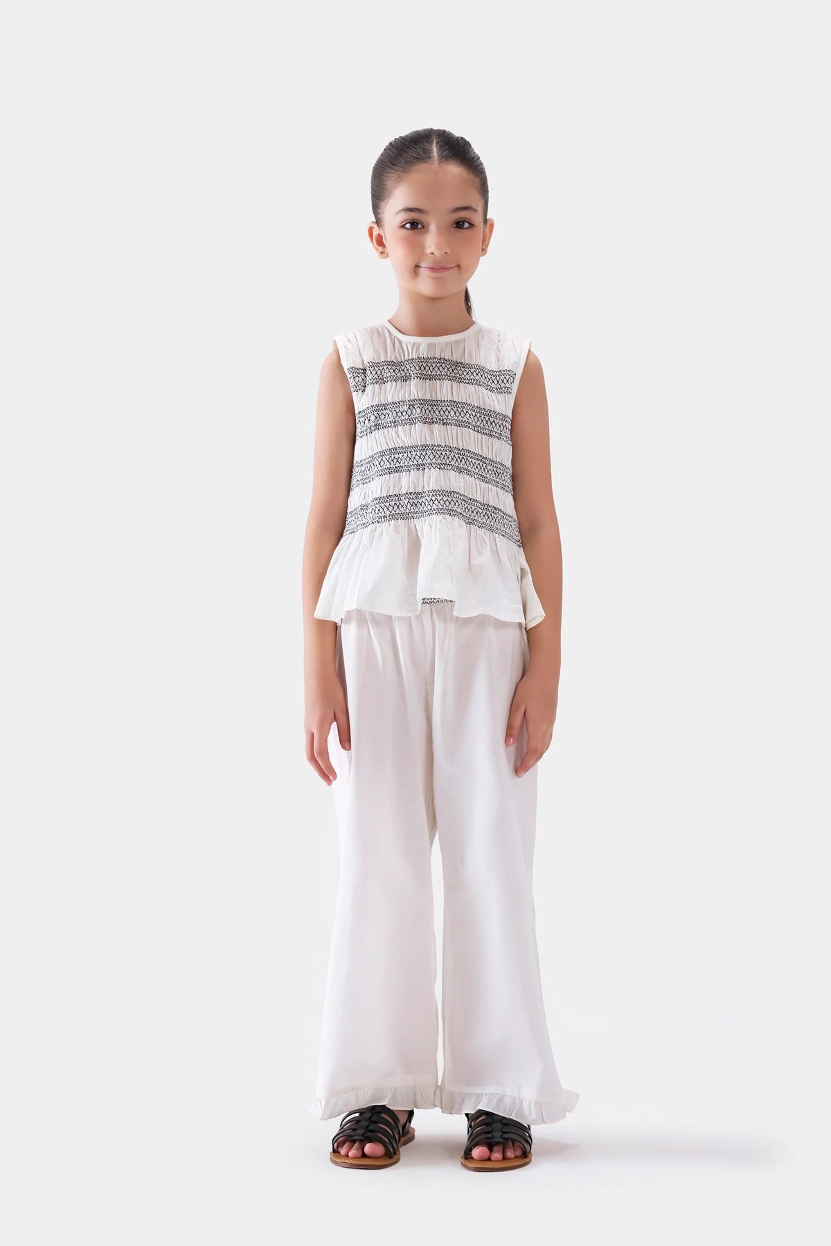 Off-White Smocked Embroidered Top & Ruffle Trousers Co-ord Set