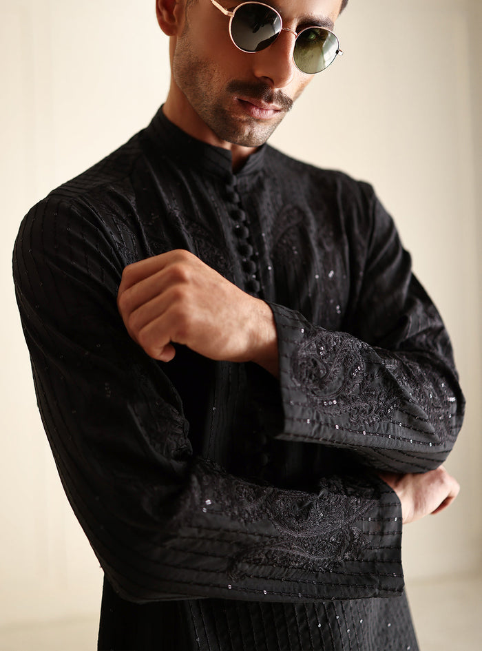 Black Hand Embroidered Kurta