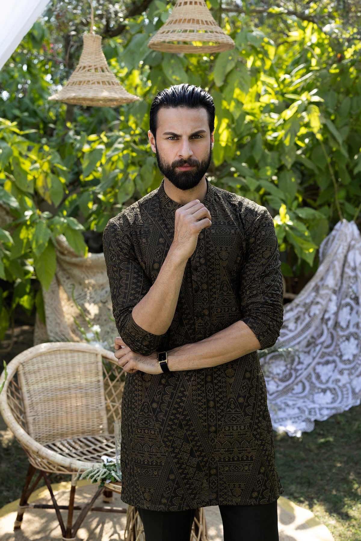 Olive Green Tarqee Kurta Pajama