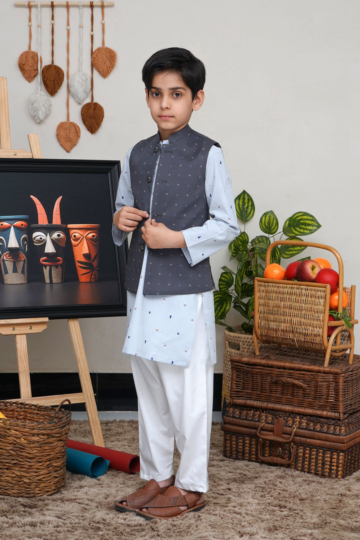 Charcoal Gray Printed Boys Waistcoat
