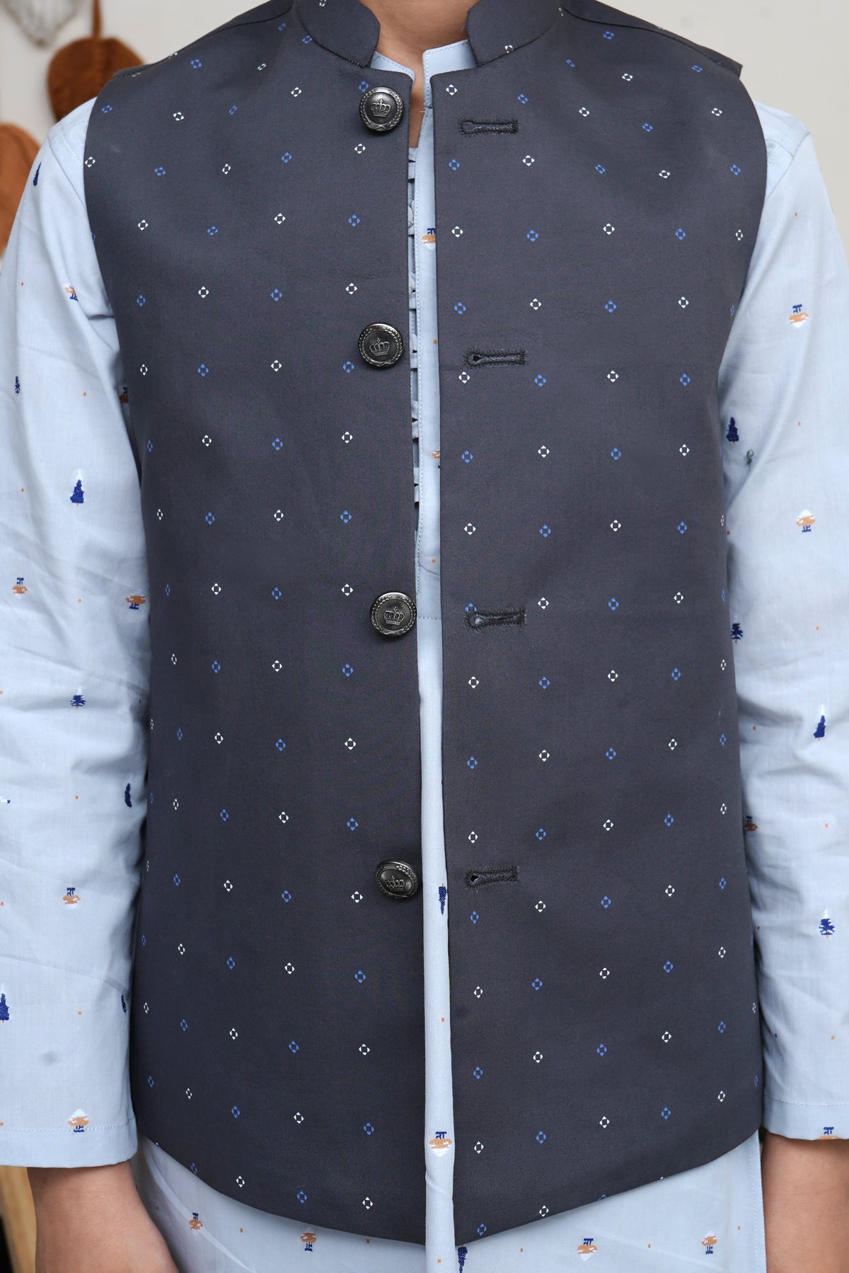 Charcoal Gray Printed Boys Waistcoat
