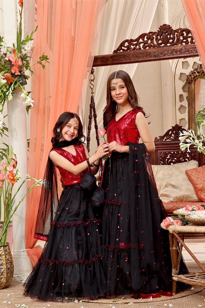Sequins & Net Lehenga Choli — Red Black Net