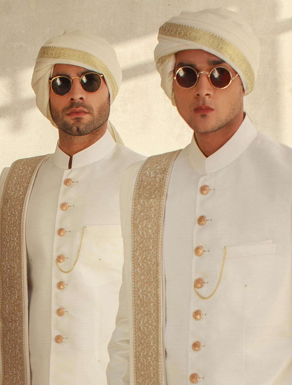Off-White Turban with Golden Boarder and Short Tail
