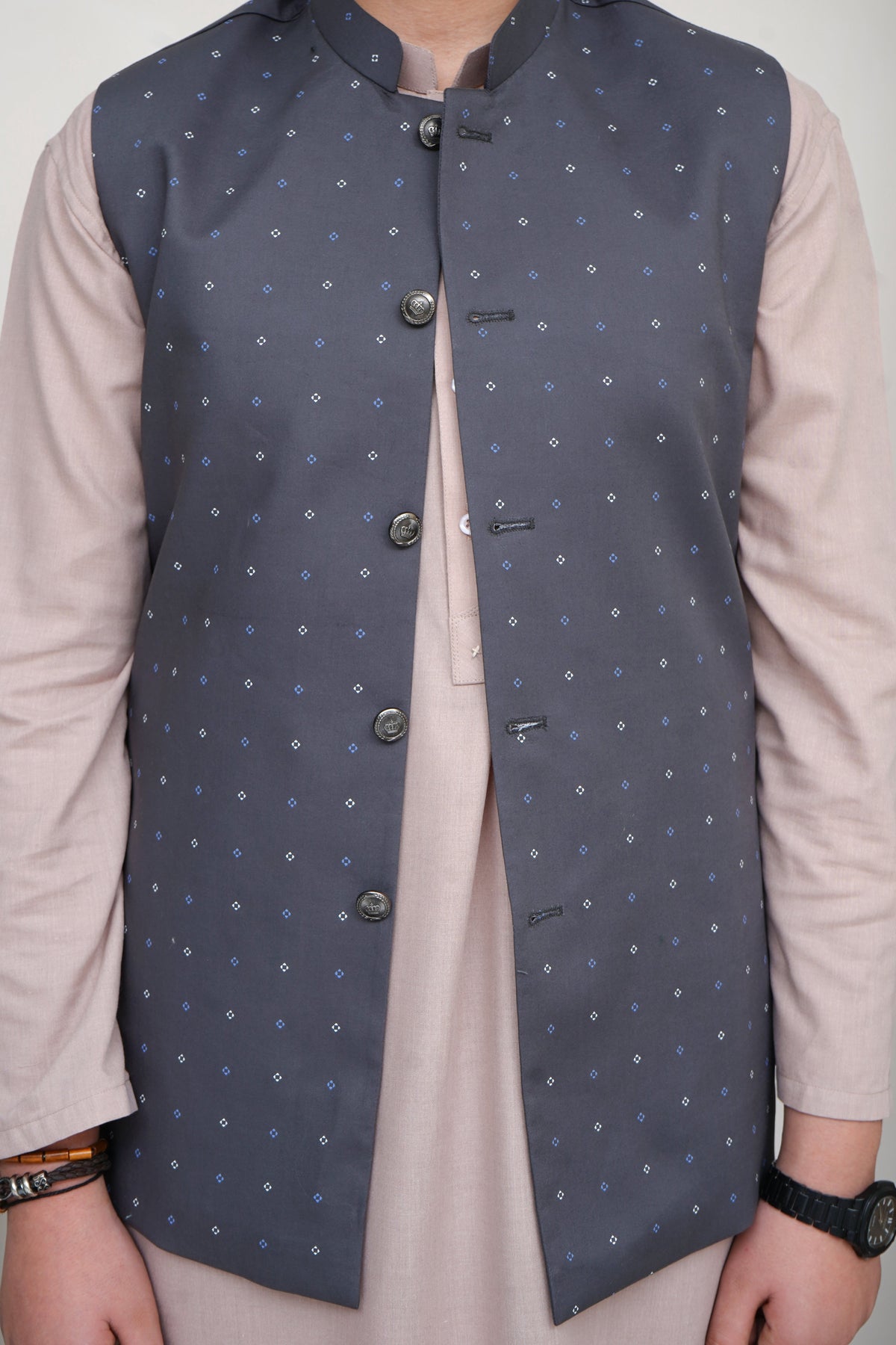 Charcoal Gray Printed Boys Waistcoat