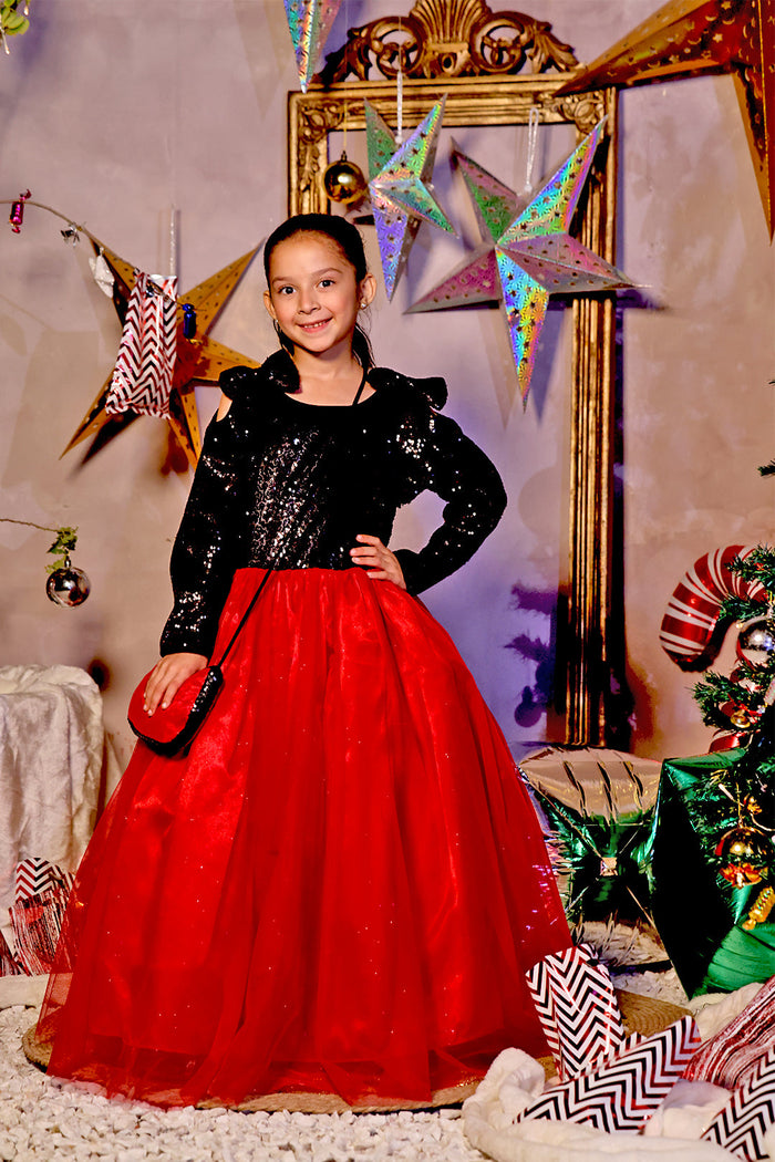 Sequins & Net Long Maxi — Black Red Sequins