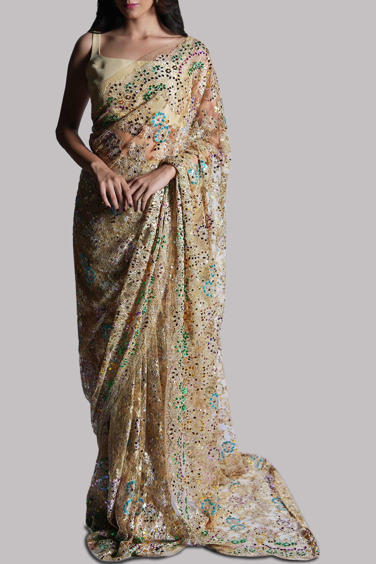 Lamb's Wool Embellished Chantilly Lace Sari