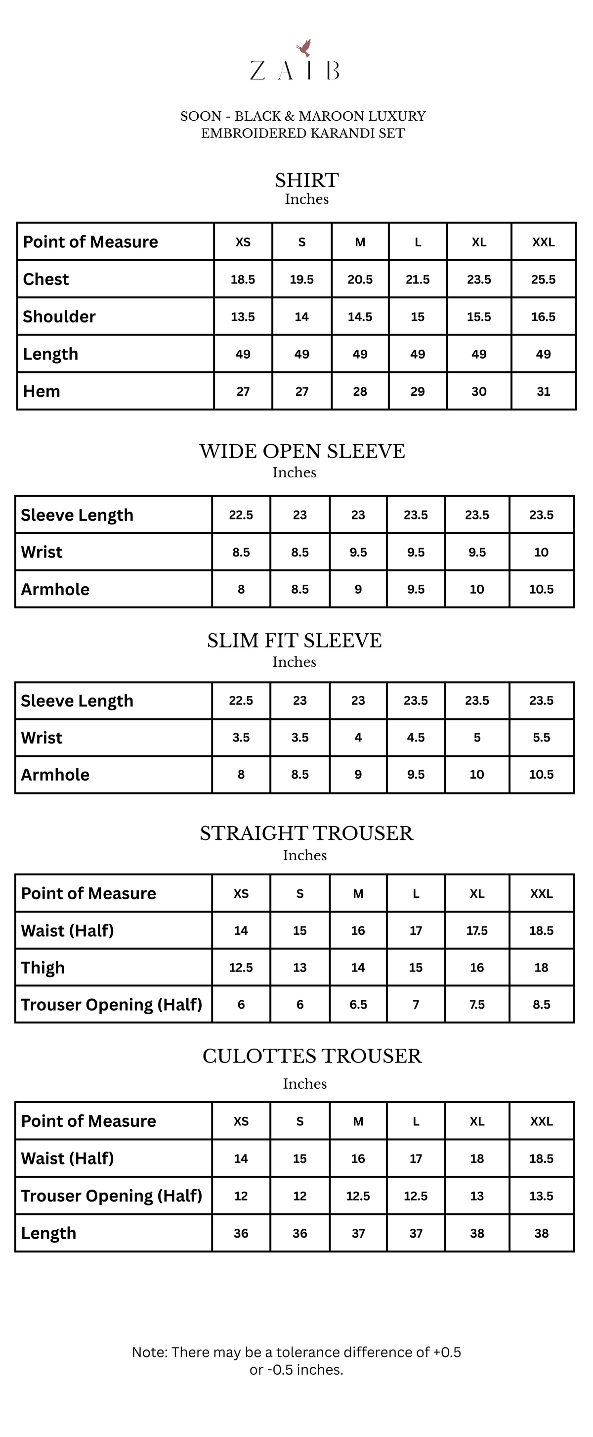 Zaib Karandi size chart - black colorway