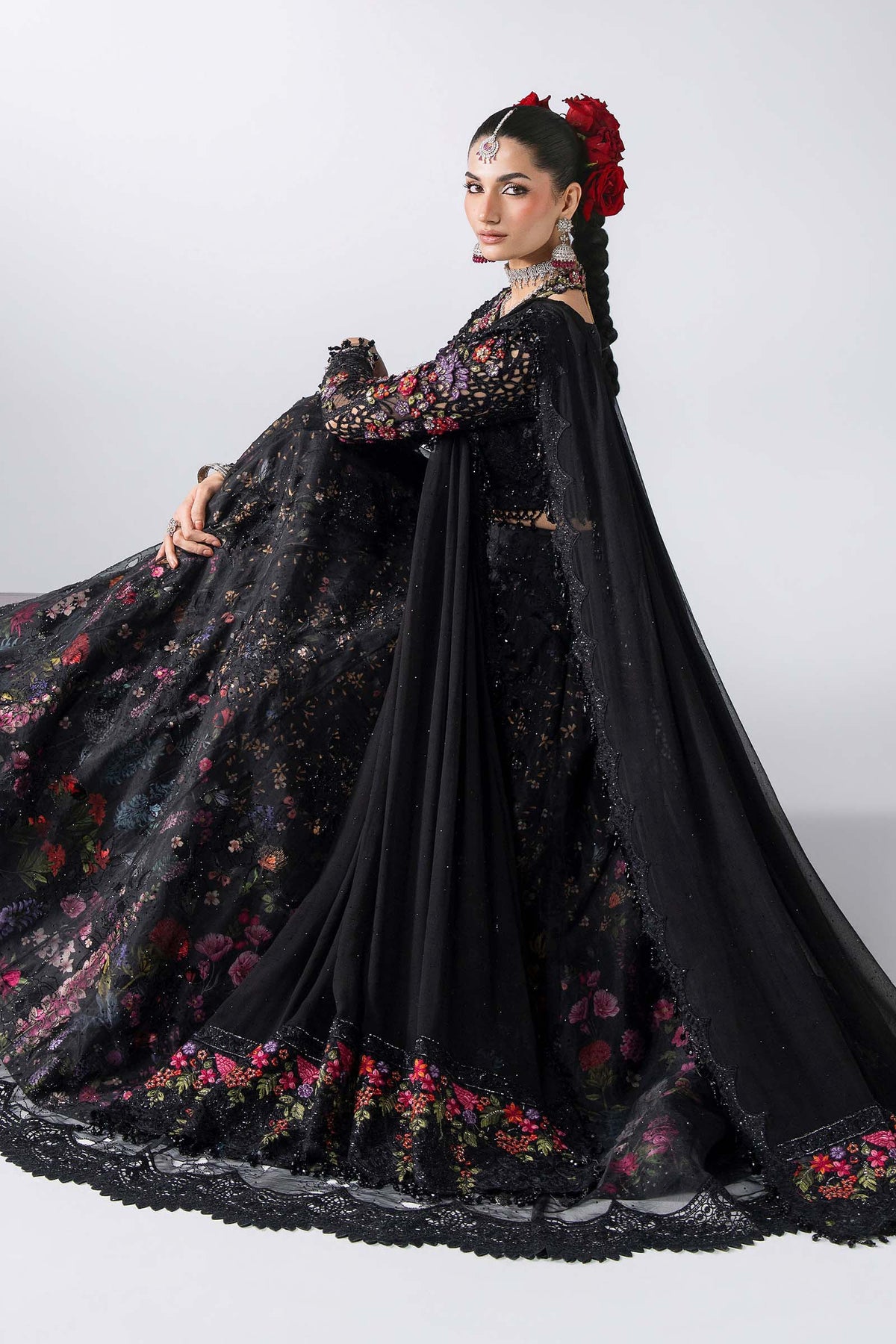 BD-3101 Black Embroidered Organza Frock Suit