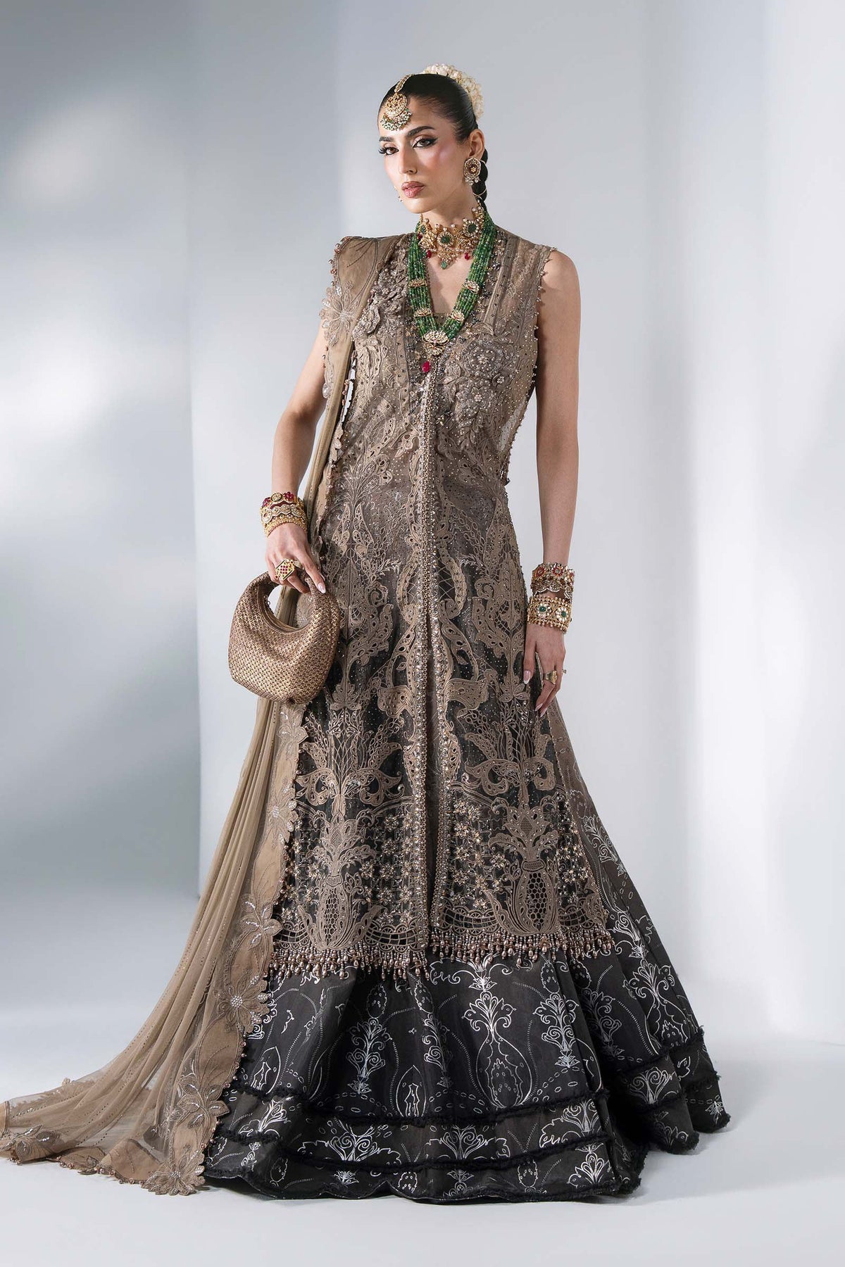 BD-3102 Coffee & Grey Embroidered Chiffon Suit