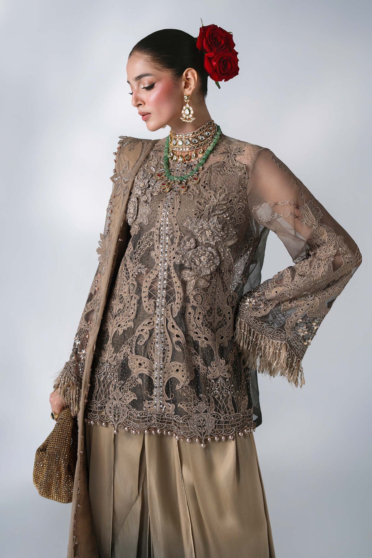 BD-3102 Coffee & Grey Embroidered Chiffon Suit