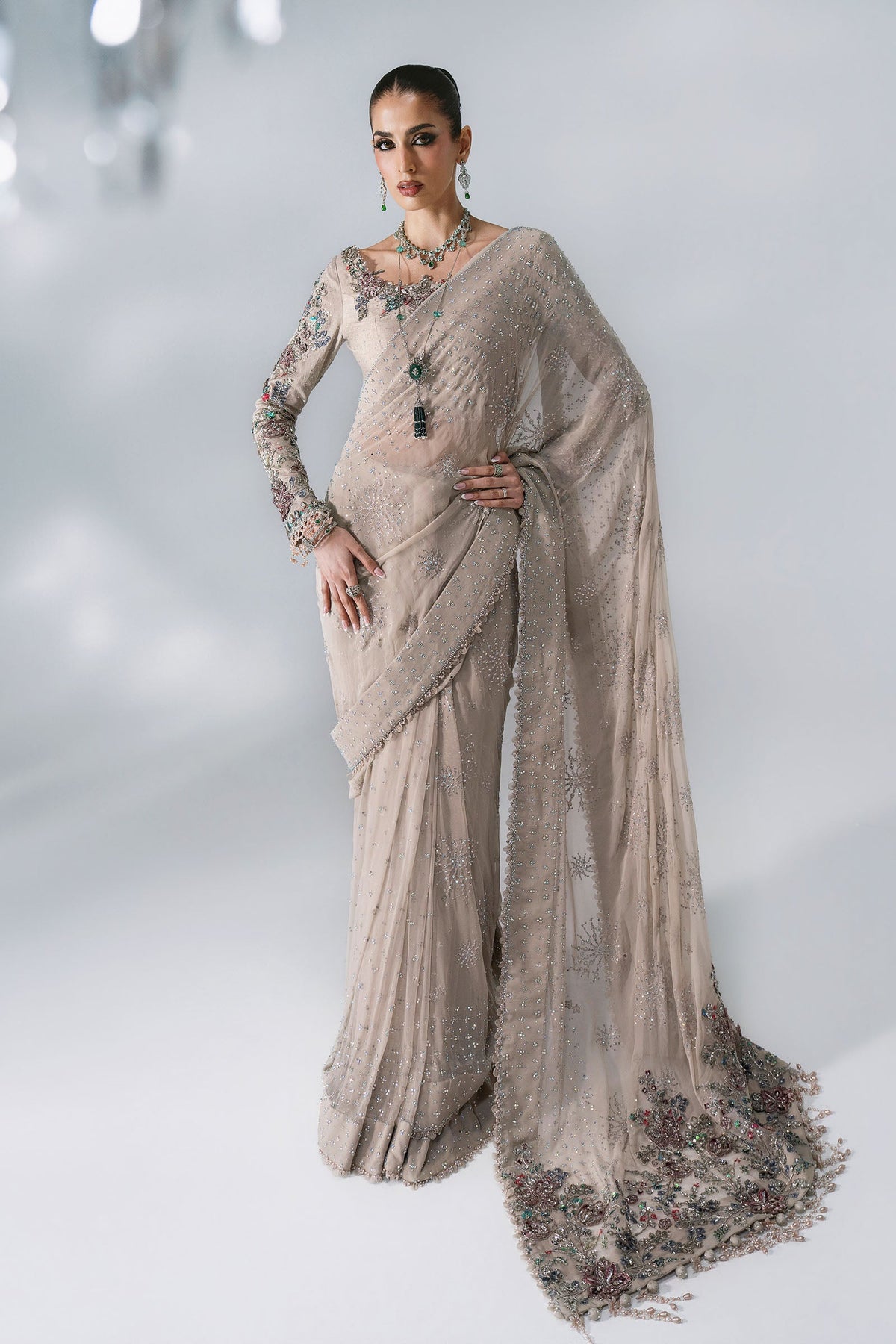 BD-3103 Mouse Grey Embroidered Chiffon Saree