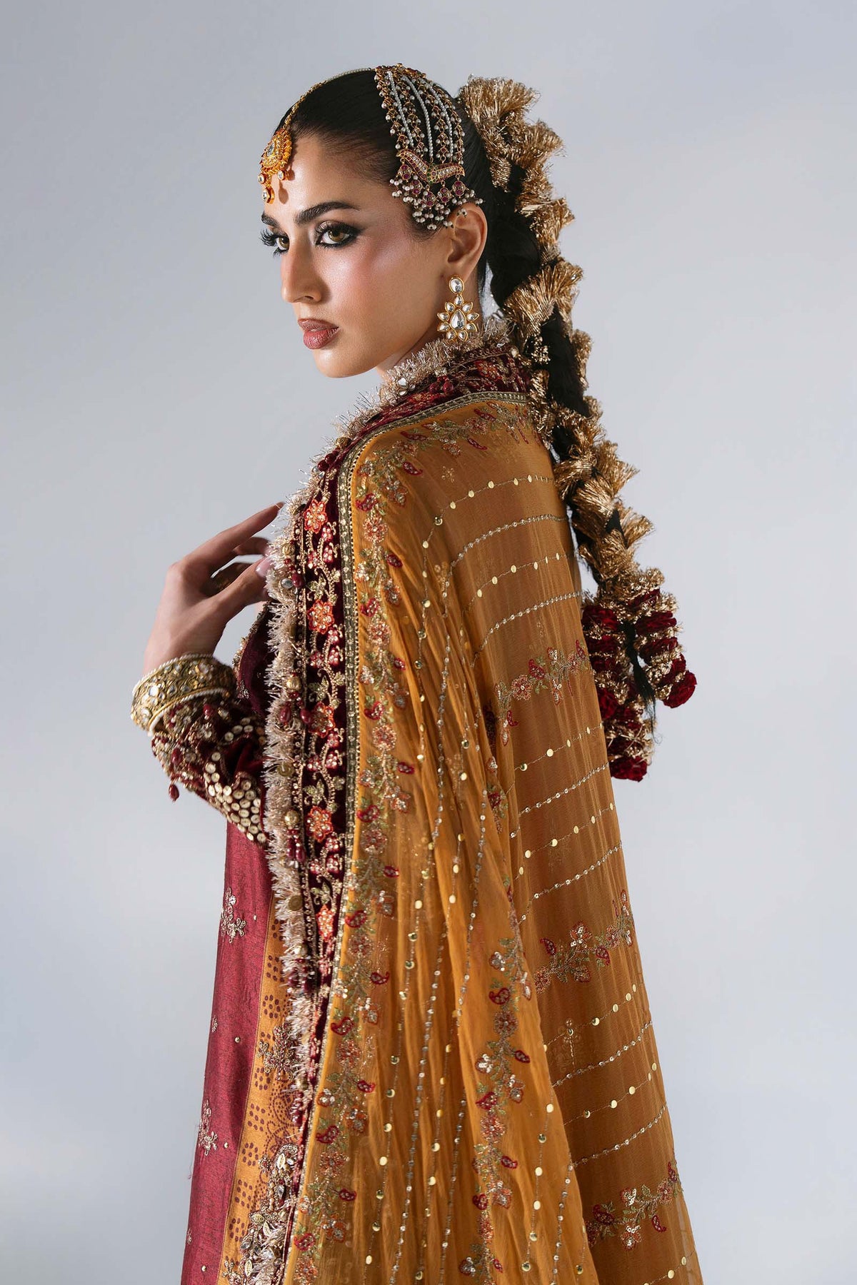 BD-3104 Rust & Maroon Embroidered Raw Silk Suit