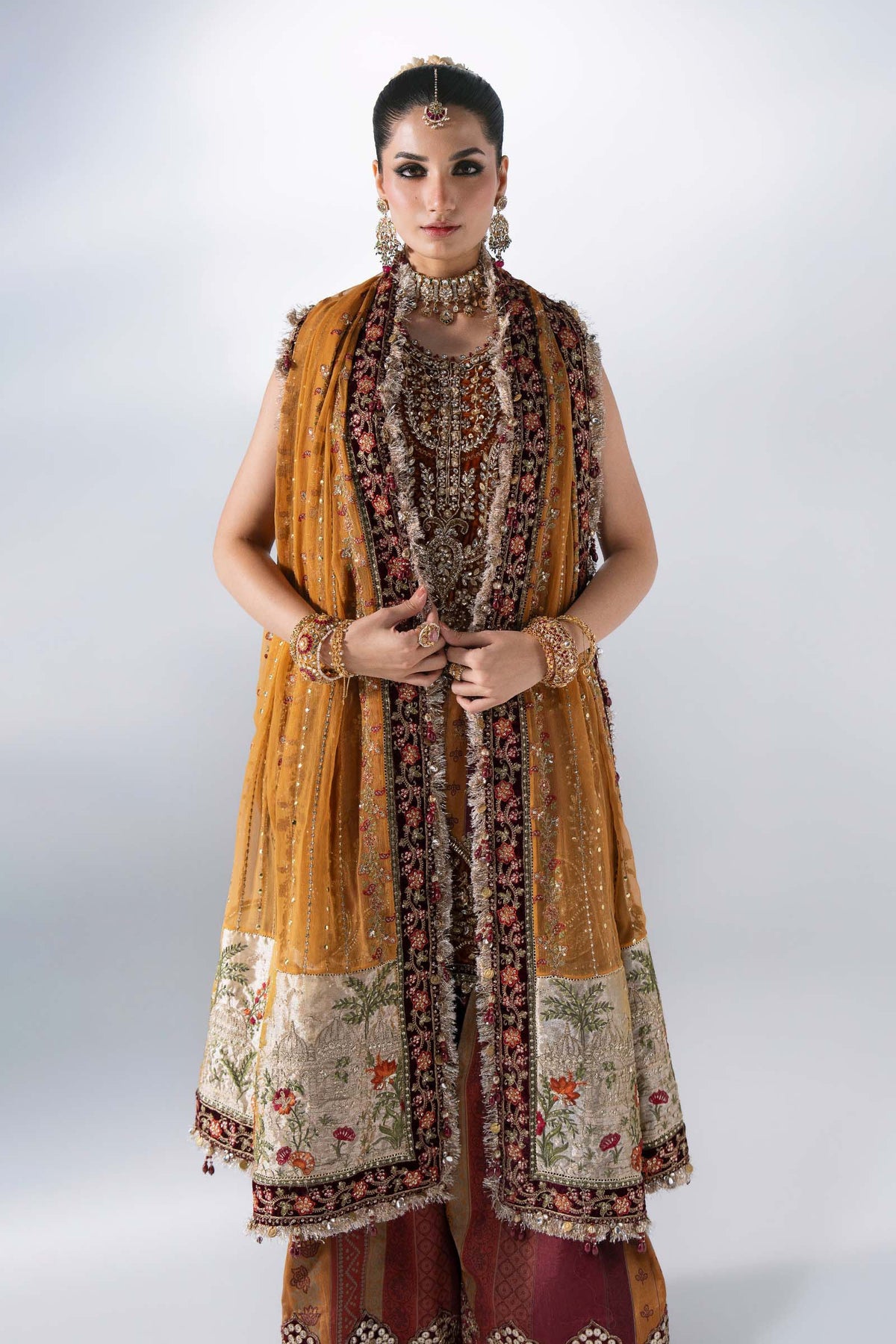BD-3104 Rust & Maroon Embroidered Raw Silk Suit