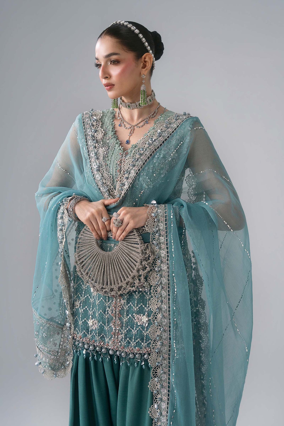 BD-3107 Aqua & Sea Green Embroidered Organza Suit