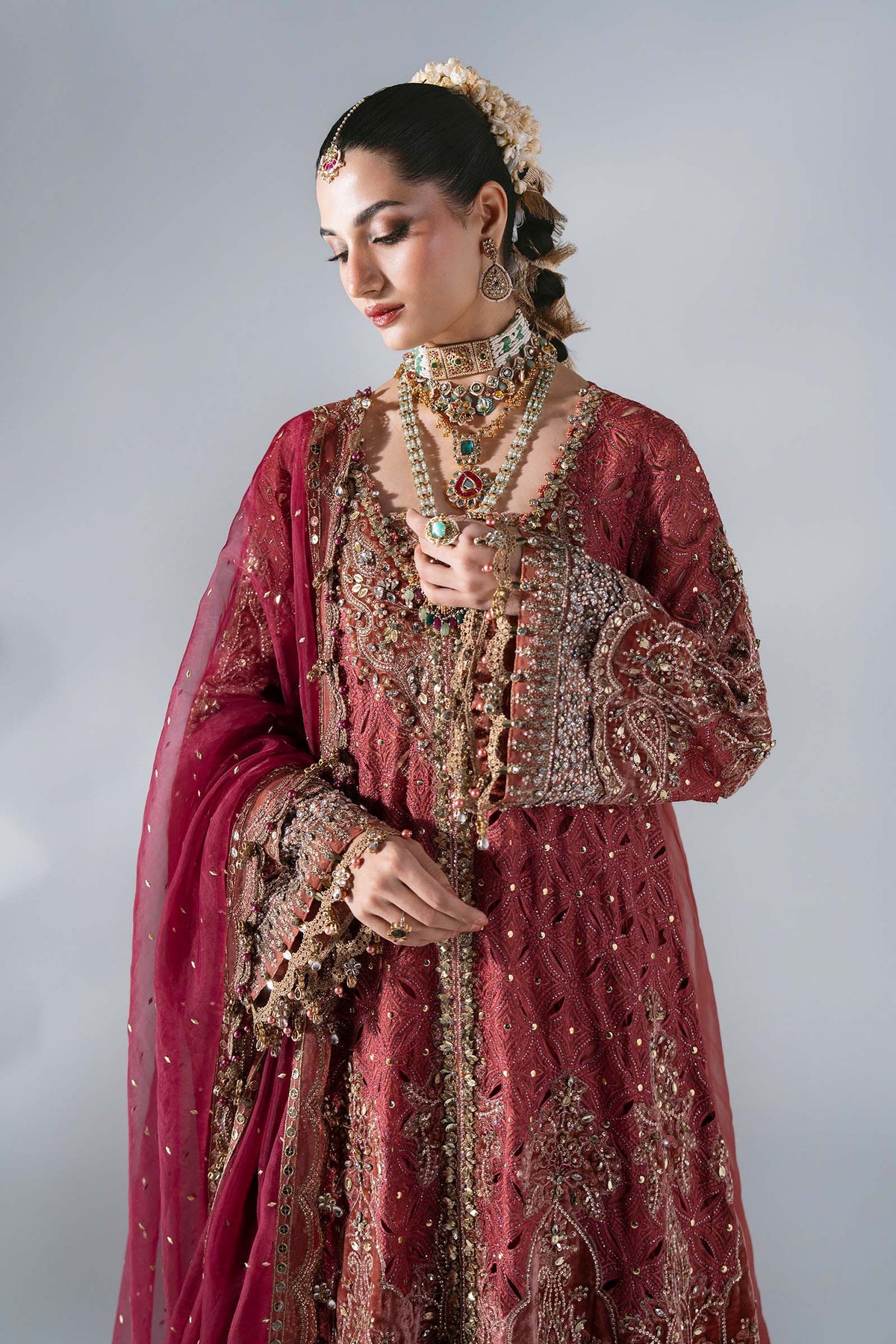 BD-3108 Salmon Pink Embroidered Organza Suit